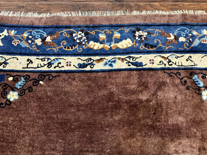 Antique Chinese Wool Rug 9x11, Large Chinese Art Deco Rug, Peking Rug, Brown and Blue, Open Field, Fete Rug