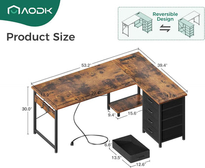 L Shaped Desk With USB Ports And 4 Drawers 53 Inch