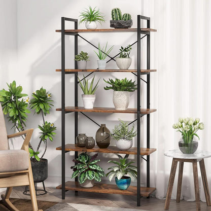 Industrial Rustic 5 Tier Etagere Bookshelf With Metal Frame