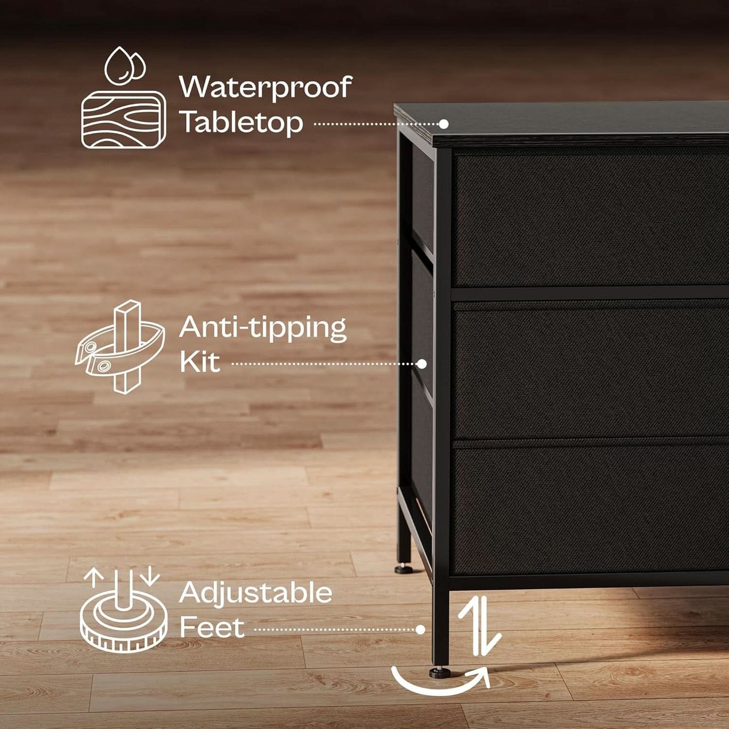 63 Inch TV Stand Dresser With 10 Fabric Drawers Black