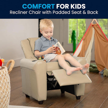 Beige Kids Recliner With Cup Holder For Cozy Seating