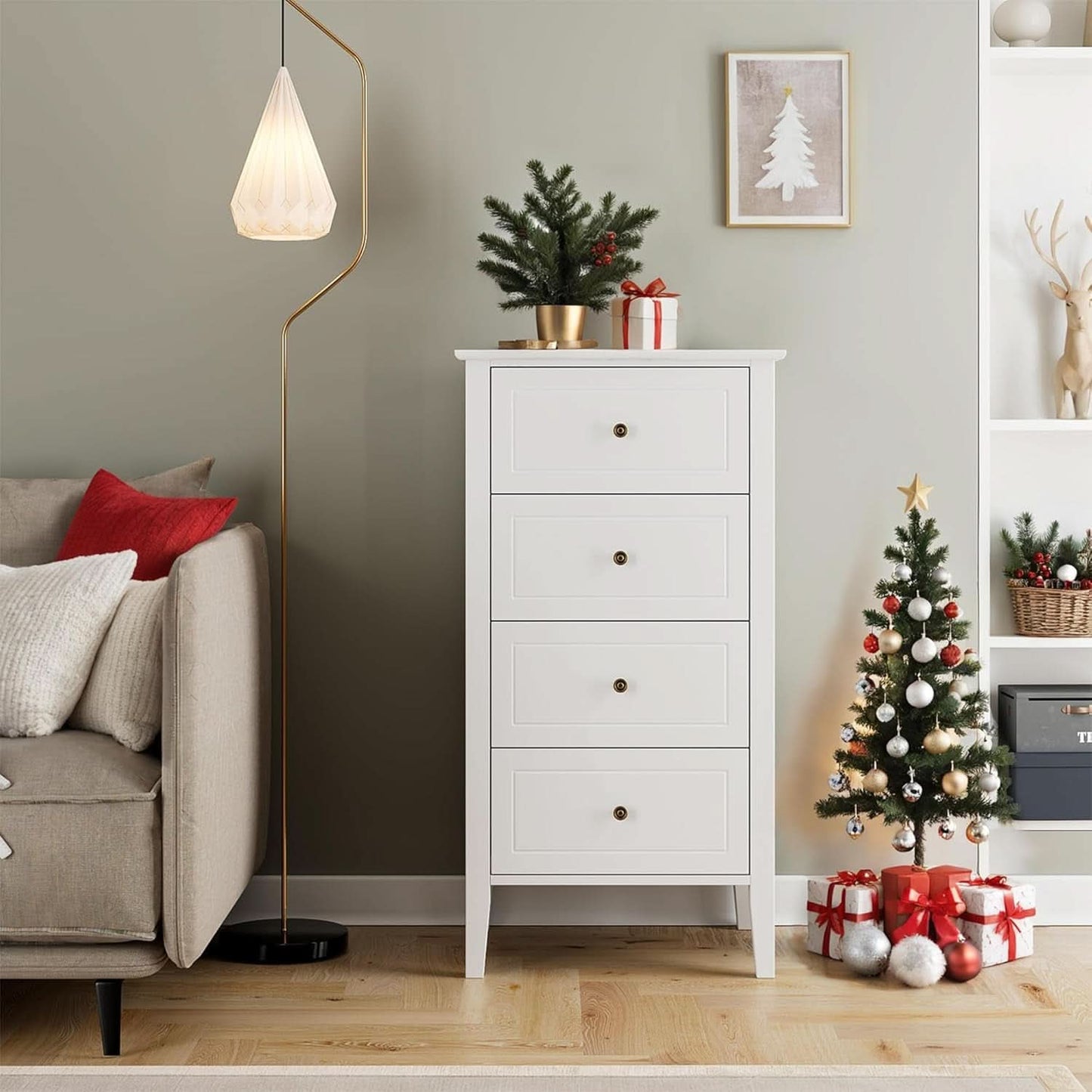 White Antique Four Drawer Dresser With Hardwood Storage