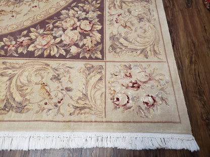 Chinese Aubusson Savonnerie Area Rug 8x12, Vintage 120 Line Carpet, Wool and Silk Hand-Knotted, Birds Flowers Master Weaver Signature