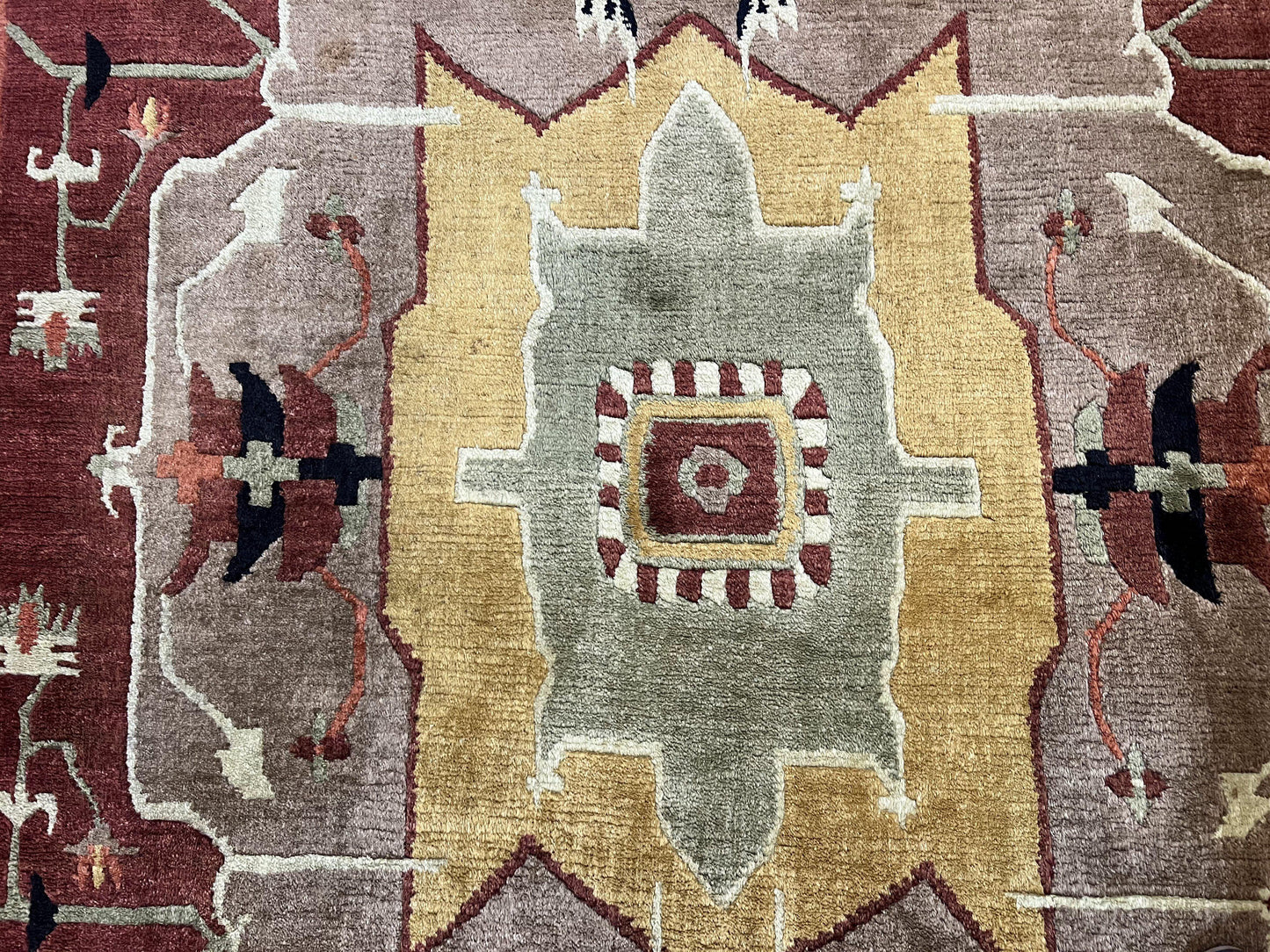 Tibetan Rug 7x10, Geometric Medallion, Red Green Taupe, Hand Knotted, Soft Wool Area Rug, Contemporary Carpet, Handmade Nepali Rug 7 x 10 ft