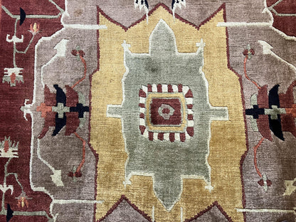 Tibetan Rug 7x10, Geometric Medallion, Red Green Taupe, Hand Knotted, Soft Wool Area Rug, Contemporary Carpet, Handmade Nepali Rug 7 x 10 ft