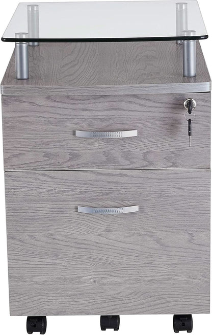 Two Drawer Rolling File Cabinet With Lock And Glass Top Under Desk Printer Stand Grey Office Furniture