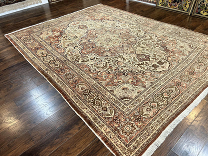 Antique Persian Tabriz Rug 10x12, Wool Hand Knotted Oriental Carpet, Beige Light Red, Floral Medallion