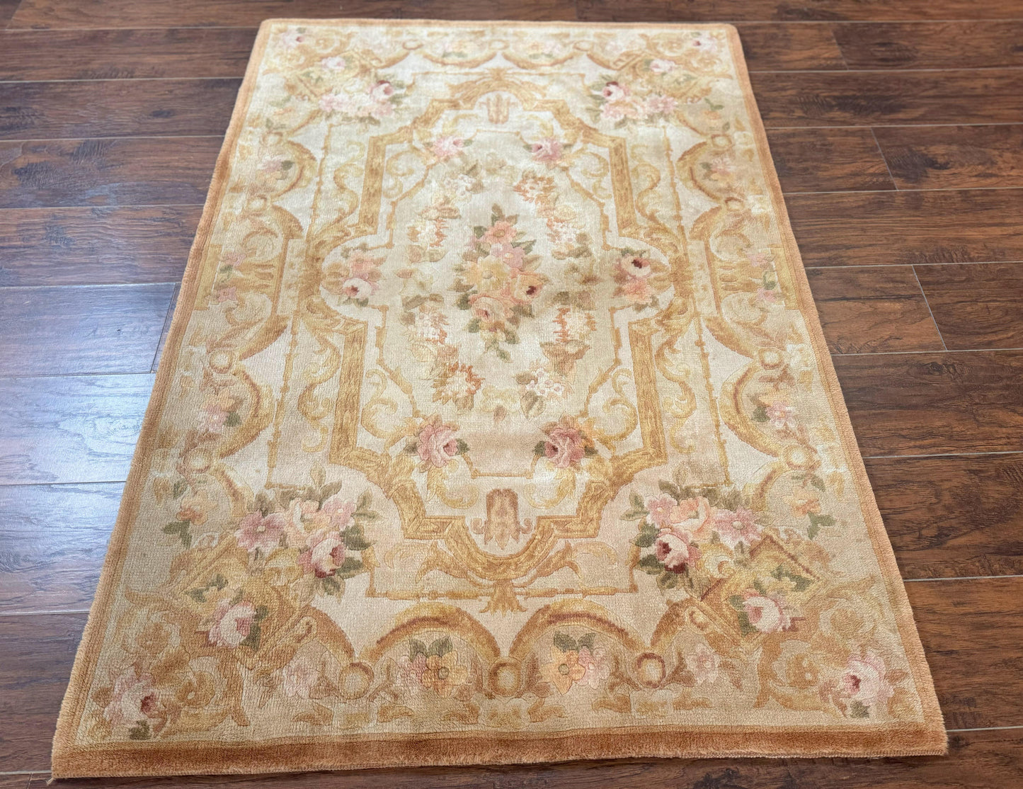 Chinese Aubusson Rug 3.6 x 5, Beige and Gold, Handmade Vintage Elegant European Design Carpet, Plush Wool, Handmade