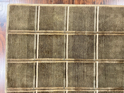 Tibetan Rug 4x6, Green Wool Handmade Area Rug 4 x 6, Panel Design, Modern Contemporary