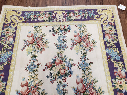 Vintage Chinese Floral Needlepoint Area Rug 6x9, Wool Hand-Woven Handmade Flatweave Rug, Ivory & Purple, Fruits Grapes Apples, Dining Room