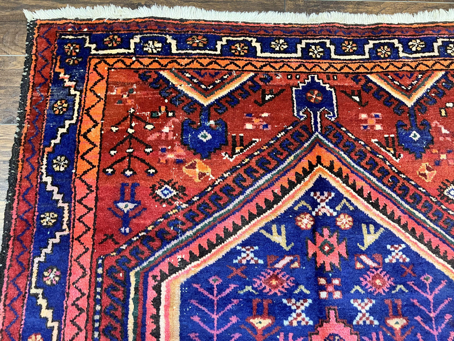 Persian Tribal Rug 5x7, Wool Handmade Vintage Hamadan Nahavand Carpet, Red & Navy Blue, Animal Motifs, Geometric Oriental Rug 5 x 7