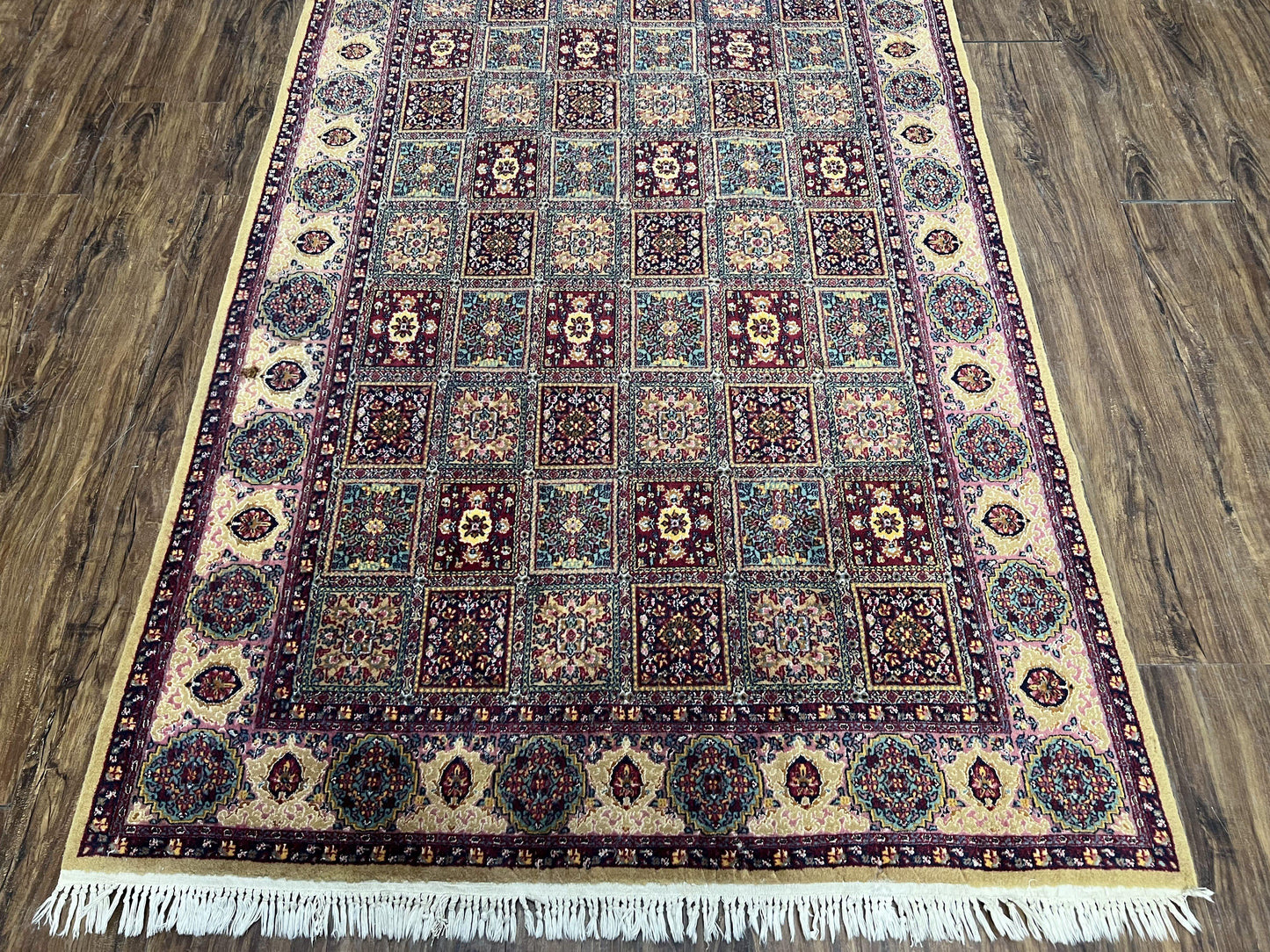 Indo Persian Silk Rug 4x6, Panel Design, Small Flowers, Hand Knotted, Fine Weave, Oriental Carpet 4 x 6, Vintage Area Rug, Beautiful Rug
