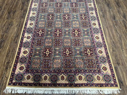 Indo Persian Silk Rug 4x6, Panel Design, Small Flowers, Hand Knotted, Fine Weave, Oriental Carpet 4 x 6, Vintage Area Rug, Beautiful Rug