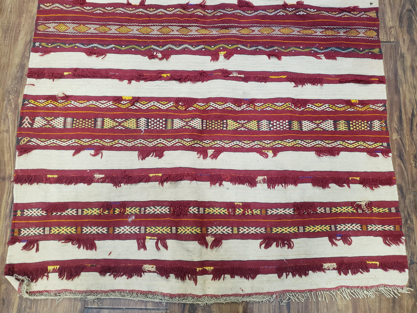 Antique Turkoman Yamud Rug 3x5 ft, 1920s Turkmen Sofreh Table Cover, Bohemian Rug, Tribal Collectible, Striped Rug, Handmade Ivory and Red