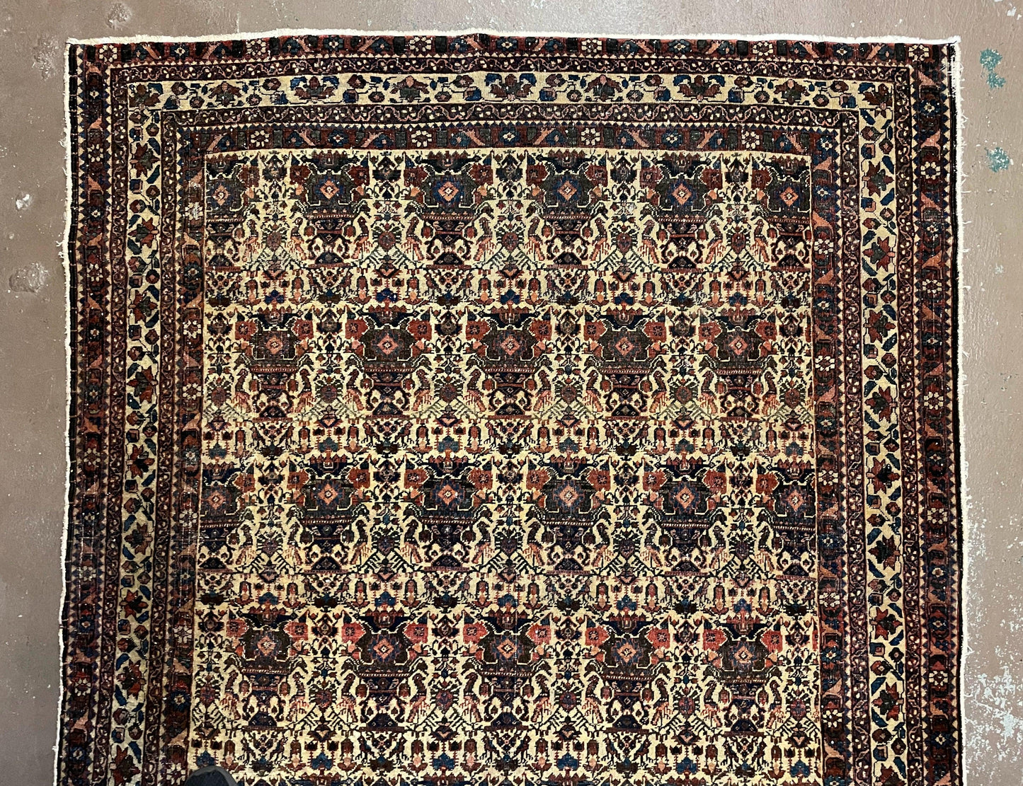 Antique Persian Afshar Rug 5x7, Wool Hand Knotted Oriental Carpet 5 x 7 ft, Repeated Motif Allover, Cream and Maroon, Tribal Rug, Medium Sized Rug,  Zil-i-Sultan Design