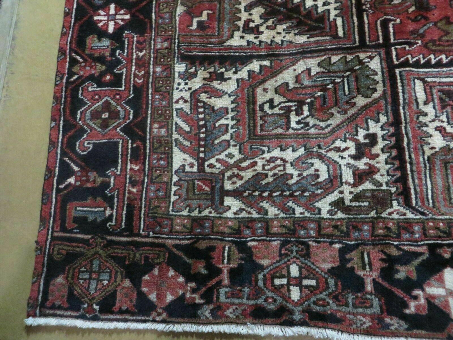 Persian Heriz Rug 8x12 Semi Antique Heriz Carpet, Room Sized Persian Carpet, Geometric Medallion, Wool, Hand Knotted, Red Ivory Dark Blue