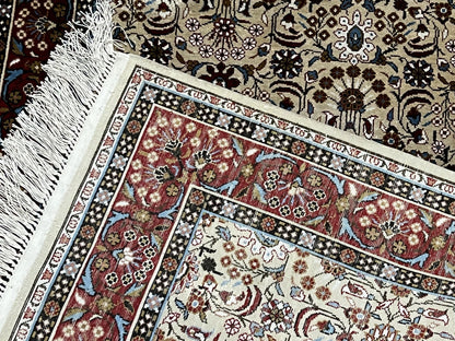 Fine Sino-Persian Silk Rug 3x5, High Quality Silk Carpet, Handmade Small Silk Rug, Allover Repeated Motif, Tan Maroon Blue Vintage Silk Rug