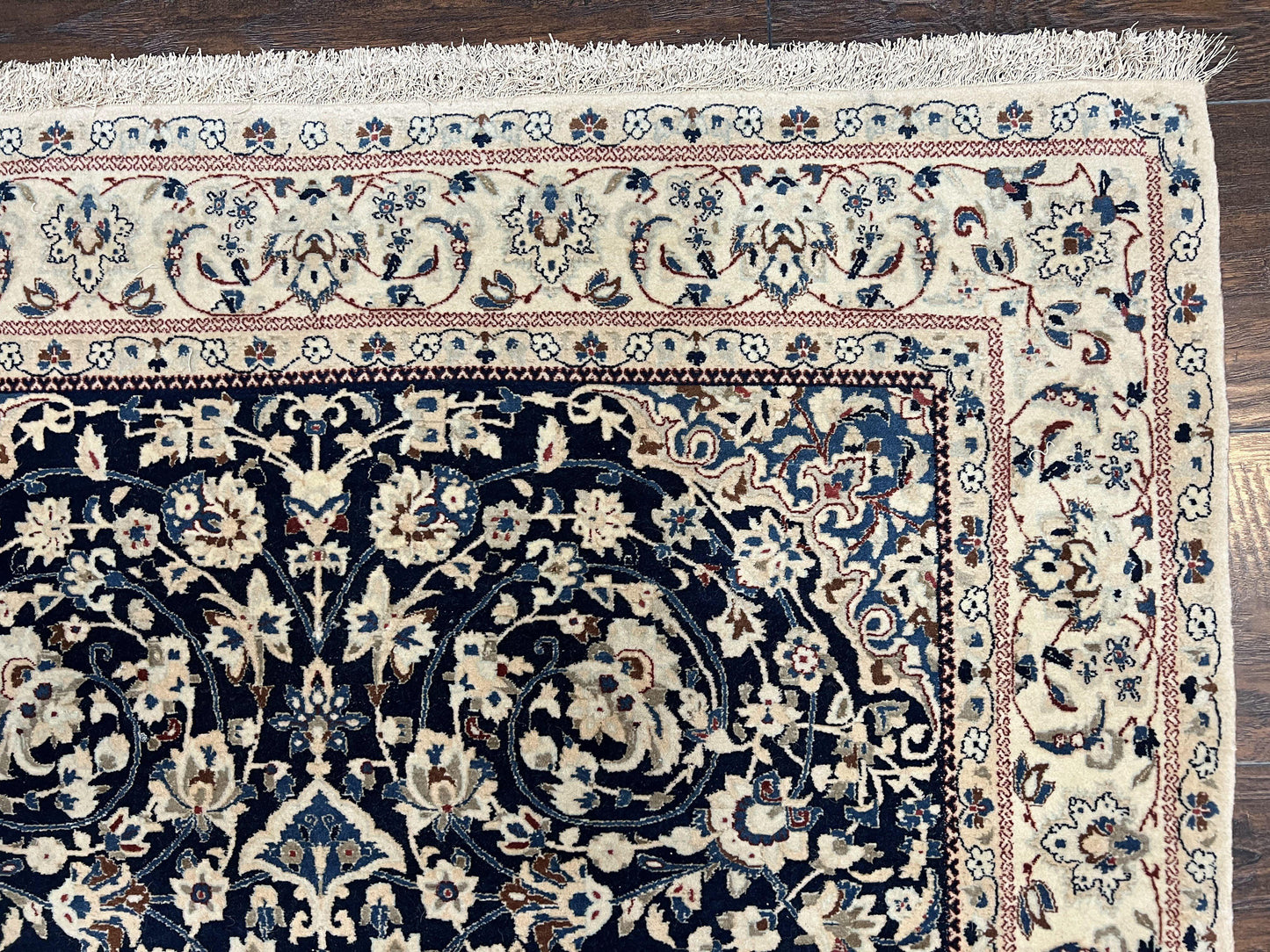 Very Fine Persian Nain Rug 3.7 x 6, Floral Medallion, Wool and Silk Accents, Highly Detailed, Hand Knotted Oriental Carpet, Navy Blue Ivory/Cream