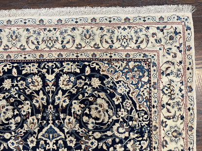 Very Fine Persian Nain Rug 3.7 x 6, Floral Medallion, Wool and Silk Accents, Highly Detailed, Hand Knotted Oriental Carpet, Navy Blue Ivory/Cream