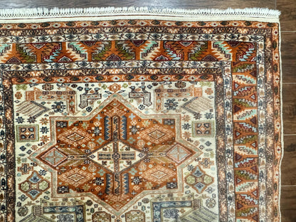 Turkish Kazak Rug 4x6, Geometric Medallions, Vintage Handmade Wool Carpet