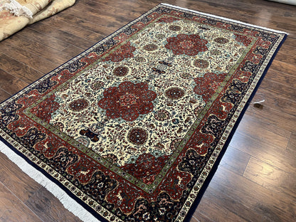 Wonderful Sino Persian Rug 6x10 with Animal Pictorial Motifs, Cream Dark Red Navy Blue, Birds Gazelles, Two Medallions, Top Quality Handmade