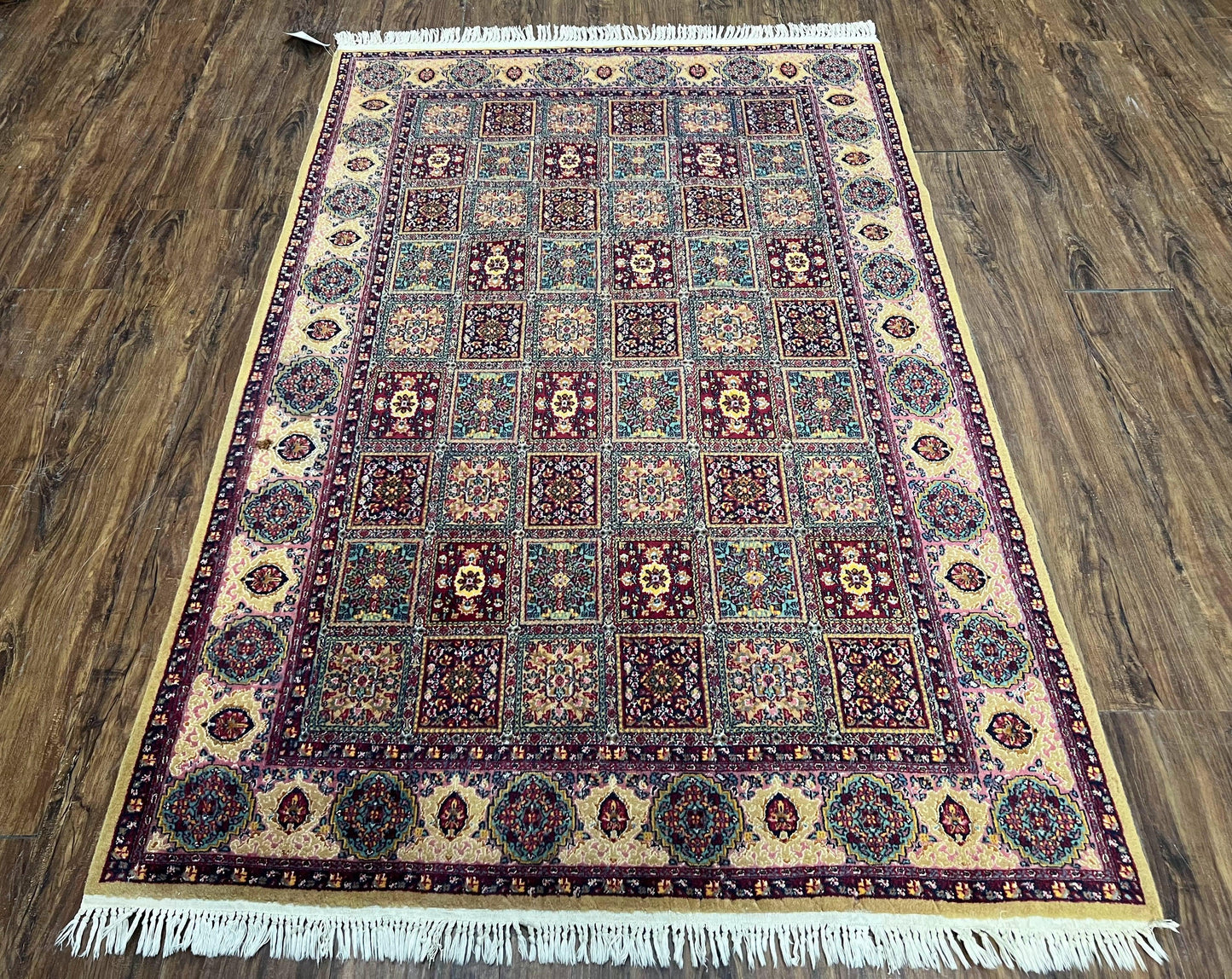 Indo Persian Silk Rug 4x6, Panel Design, Small Flowers, Hand Knotted, Fine Weave, Oriental Carpet 4 x 6, Vintage Area Rug, Beautiful Rug