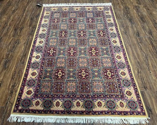 Indo Persian Silk Rug 4x6, Panel Design, Small Flowers, Hand Knotted, Fine Weave, Oriental Carpet 4 x 6, Vintage Area Rug, Beautiful Rug