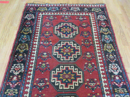 3' 3" X 10' Hand-Knotted Antique Handmade Caucasian Kazak Wool Runner Rug