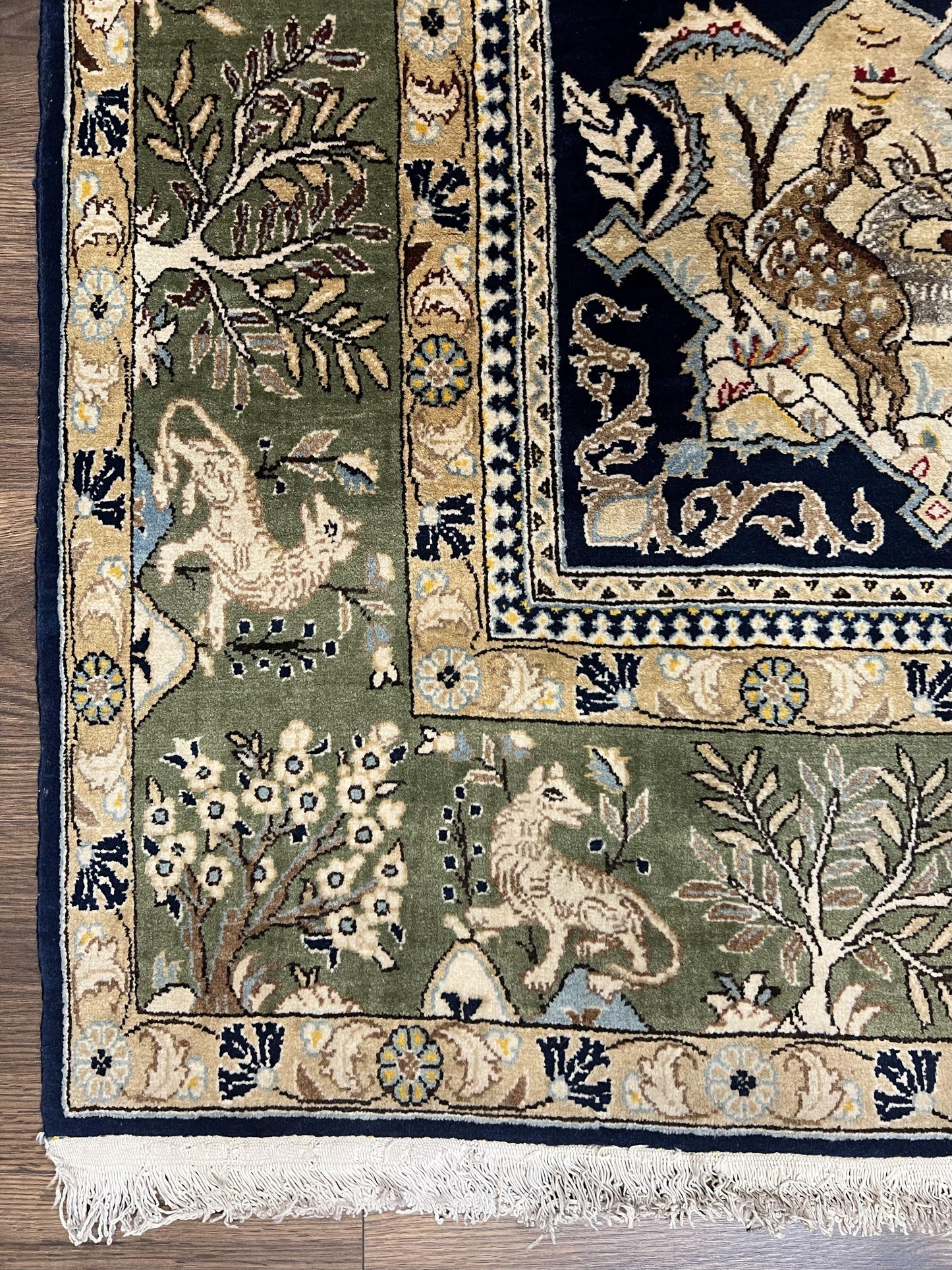Wonderful Persian Qum Rug 6x9, Animal Pictorials, Tree of Life, Deer Birds, Hand Knotted Oriental Ghom Carpet, Semi Antique Vintage, Navy Blue Green