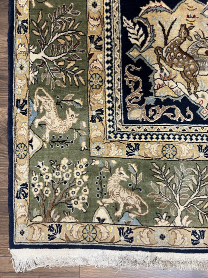Wonderful Persian Qum Rug 6x9, Animal Pictorials, Tree of Life, Deer Birds, Hand Knotted Oriental Ghom Carpet, Semi Antique Vintage, Navy Blue Green