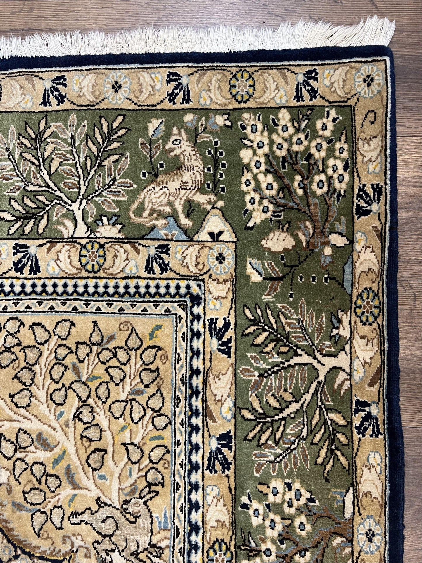 Wonderful Persian Qum Rug 6x9, Animal Pictorials, Tree of Life, Deer Birds, Hand Knotted Oriental Ghom Carpet, Semi Antique Vintage, Navy Blue Green