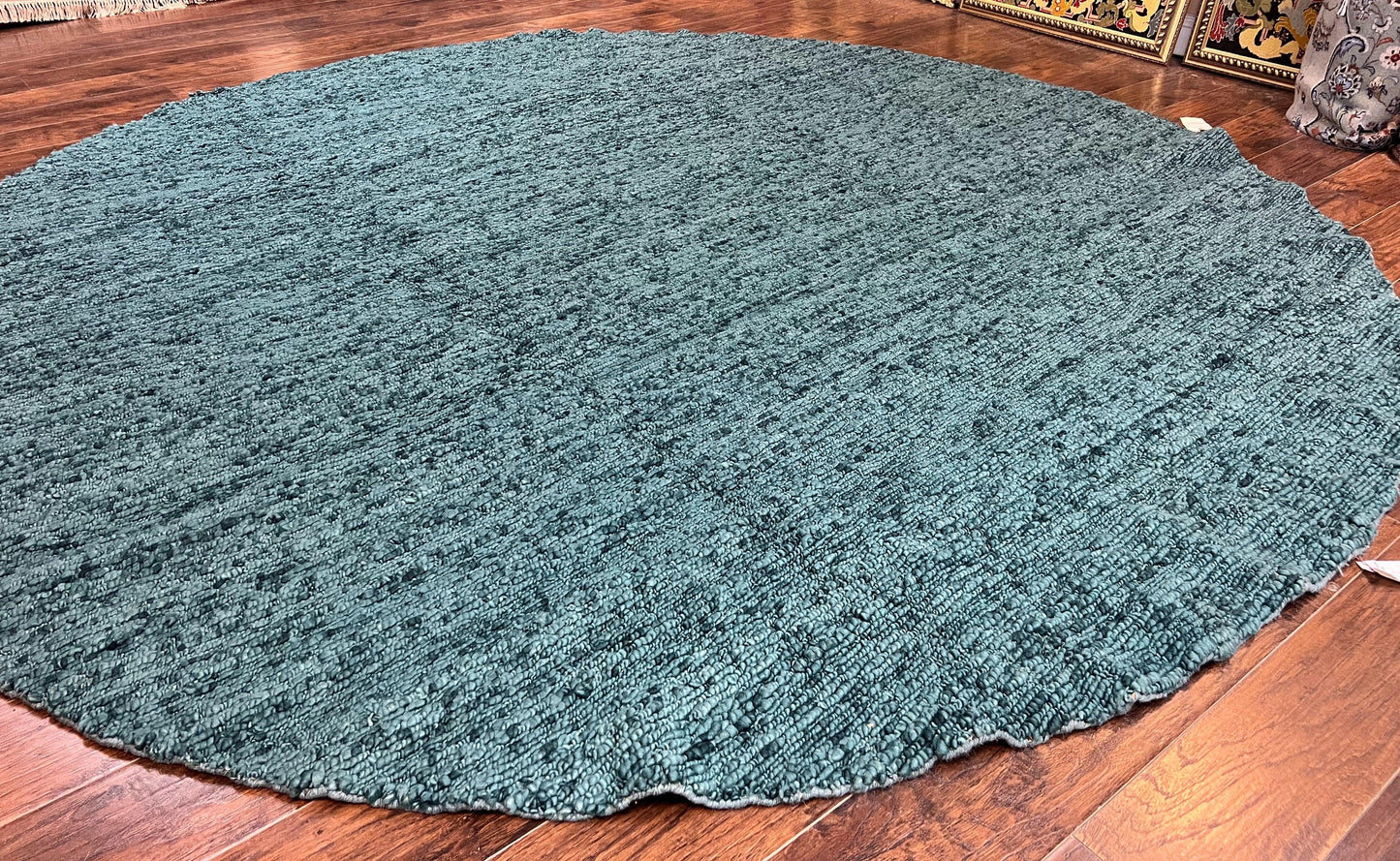 Large Round Indian Rug 11x11, Teal, Vintage Handmade Wool Carpet