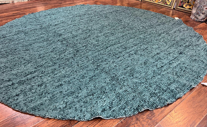 Large Round Indian Rug 11x11, Teal, Vintage Handmade Wool Carpet