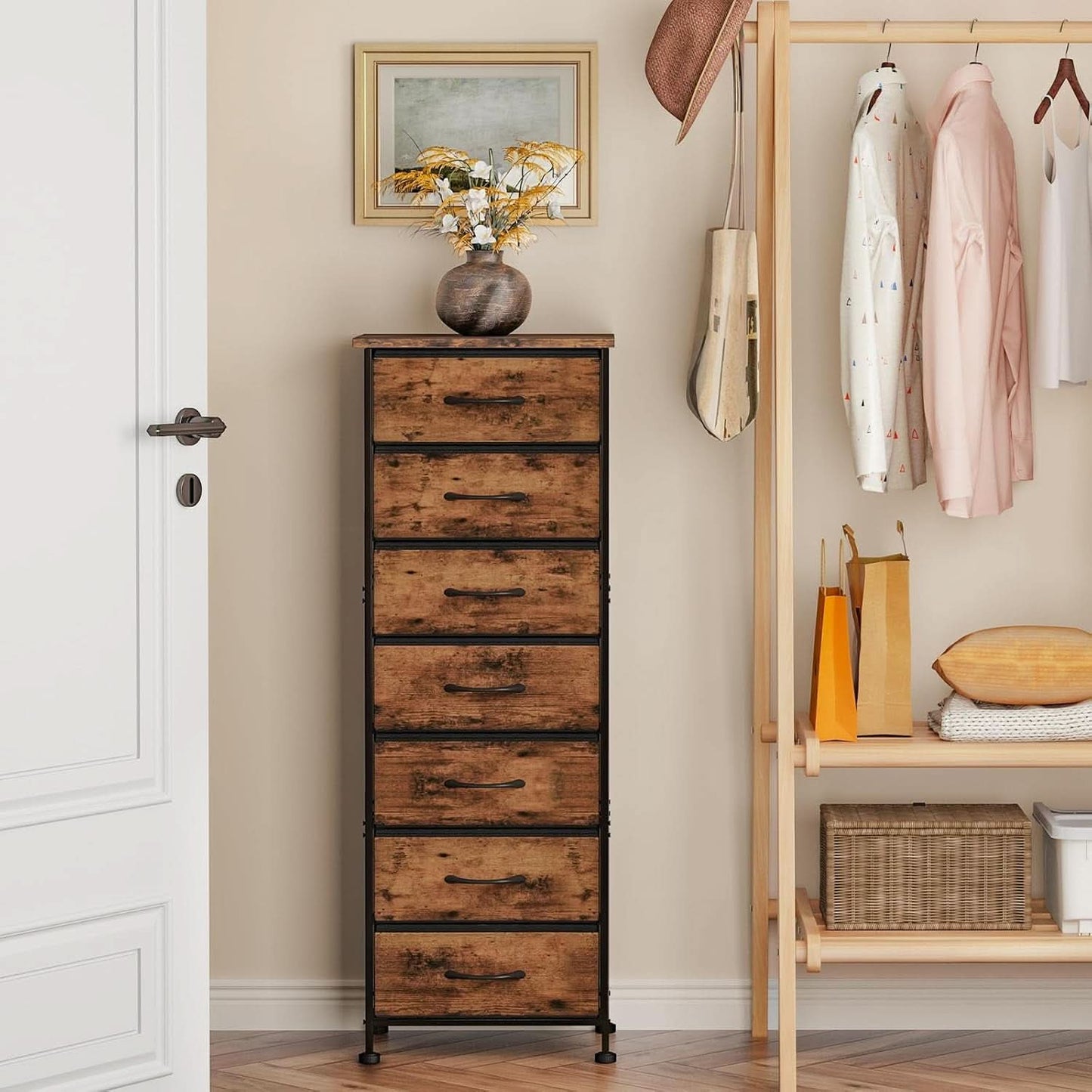 Tall Dresser With Seven Fabric Drawers In Woodgrain Finish