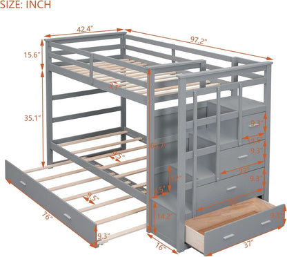 Natural Gray Twin Bunk Bed With Trundle And Stairs