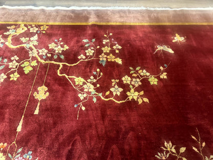 Red Chinese Art Deco Rug 9x11, Simple Design, Wool Chinese Area Rug, Antique