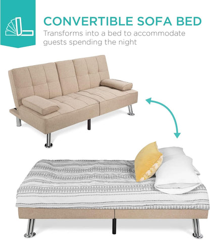 Beige Linen Folding Futon With Three Position Recline