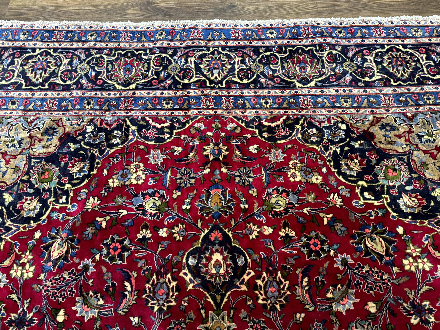 Traditional Persian Rug 8x11, Red Navy Blue, Floral Medallion, Antique Persian Mashad Carpet, Wool