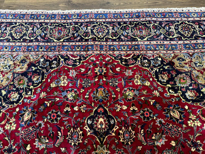Traditional Persian Rug 8x11, Red Navy Blue, Floral Medallion, Antique Persian Mashad Carpet, Wool