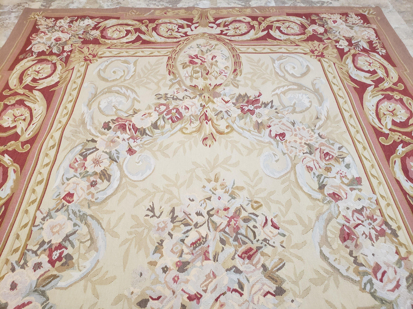 Aubusson Rug 6x9, Elegant Flatweave Rug, Aubusson Savonnerie 6 x 9 Flatweave Area Rug, Cream and Red, Wool Hand Woven Carpet, Medium Size