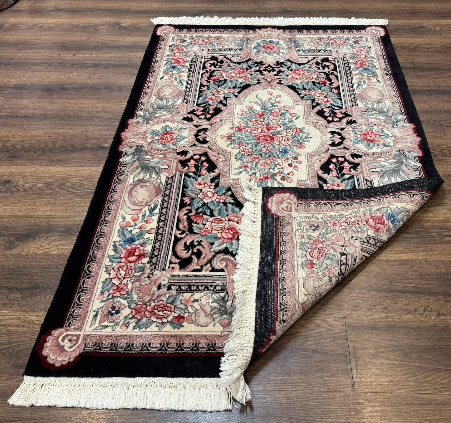 Aubusson Rug 4x6, Elegant European Floral Design, Black and Ivory, Fine 200 KPSI