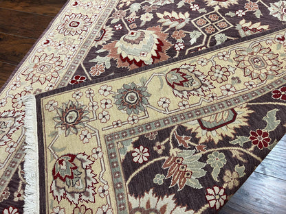 Vintage Indo Mahal Area Rug 6x9, Indian Persian Oriental Carpet 6 x 9, Puce Eggplant Tan Beige Rug, Hand-Knotted, Large Floral Design Wool