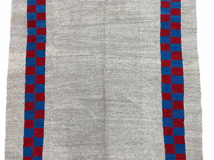 Gray Turkish Kilim Carpet 5' 7" x 7' 7", Medium Kilim Rug, Hand-Knotted, Blue & Red Border, Minimalistic Design, Geometric, Wool, New
