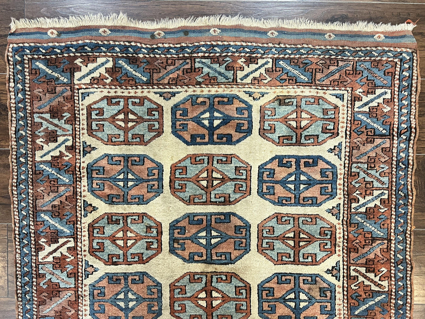 Turkish Kazak Rug 3x4, Wool Hand Knotted Handmade Vintage Carpet, Geometric Tribal Repeated Motif, Small 3 x 4 Antique Rug, Cream Red