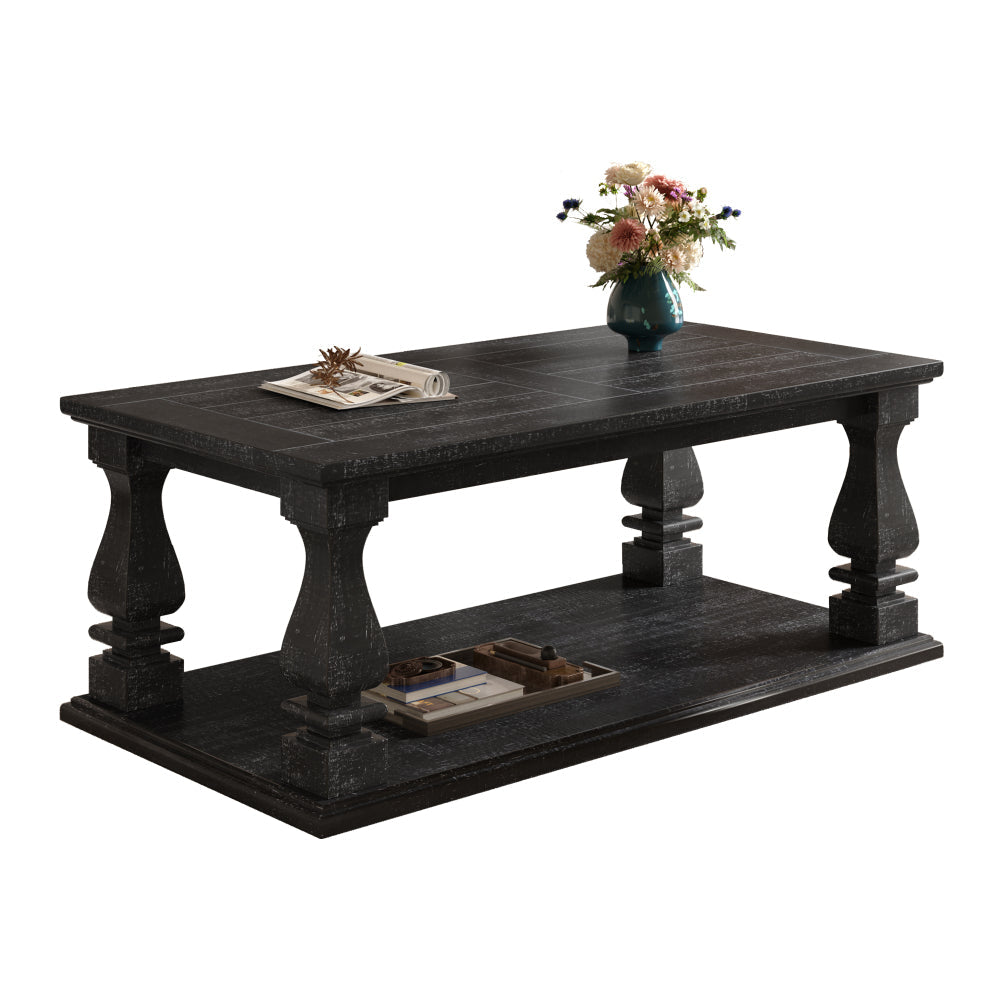 Farmhouse Coffee Table with Storage Shelf 47" Rustic Solid Wood Planked Top & Square Baluster Legs