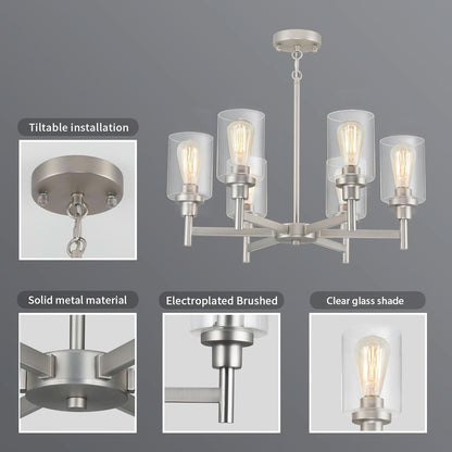 Brushed Nickel Six Light Chandelier With Clear Glass Shades