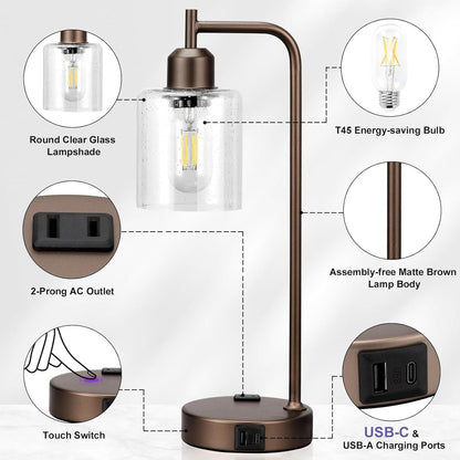 Brown Table Lamps 3-Way Dimmable With USB Ports Set Of 2