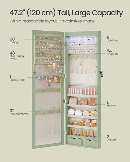Laurel Green 47 Inch Tall Lockable Mirror Jewelry Armoire