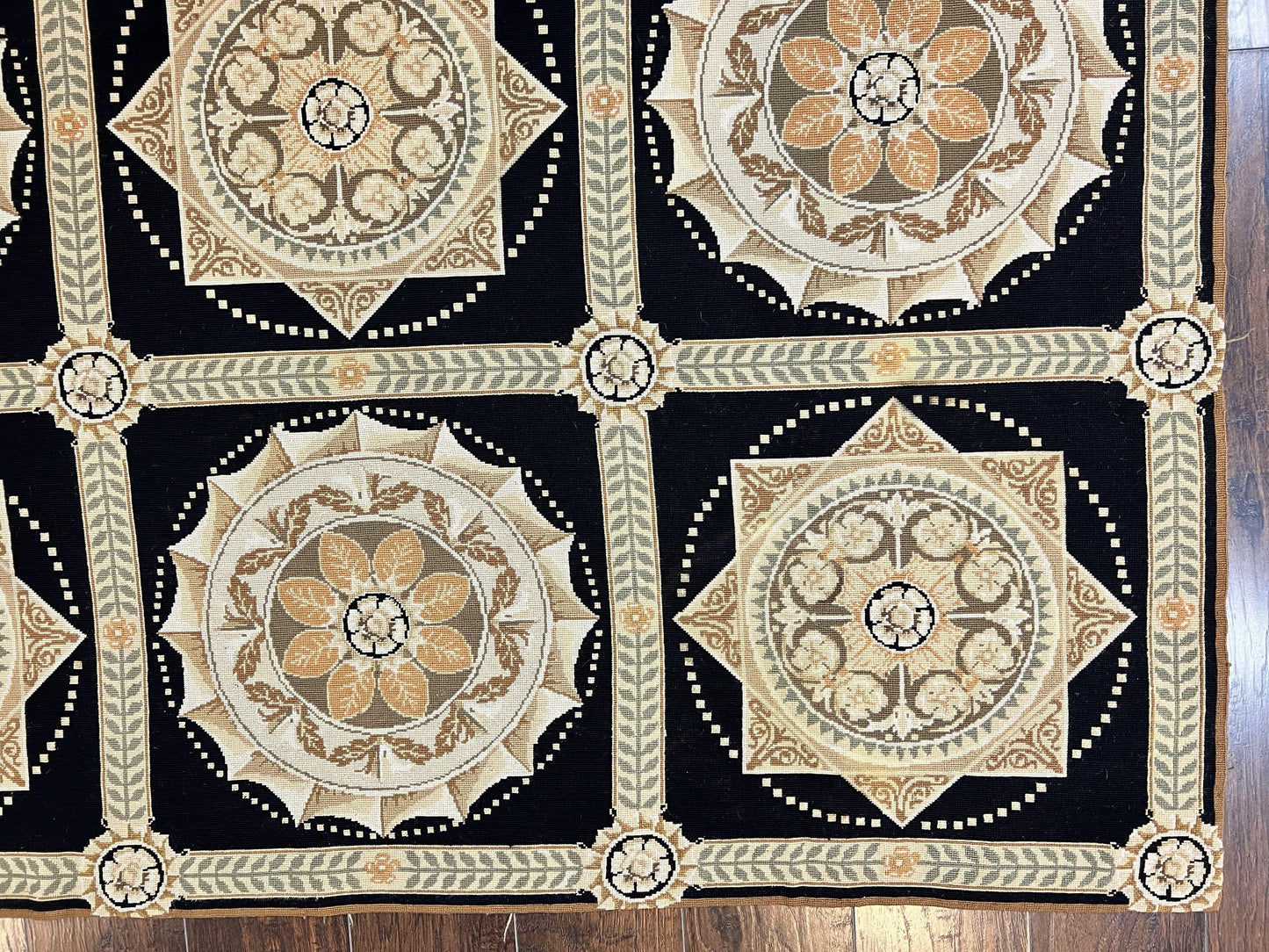 Needlepoint Rug 8x10, Black Tan Beige, Panel Design, Wool Handwoven Handmade Flatweave Needlepoint Carpet, Vintage French European Rug