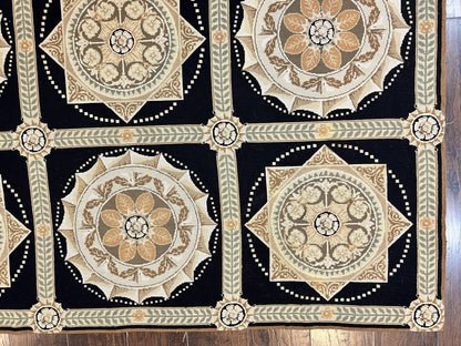 Needlepoint Rug 8x10, Black Tan Beige, Panel Design, Wool Handwoven Handmade Flatweave Needlepoint Carpet, Vintage French European Rug